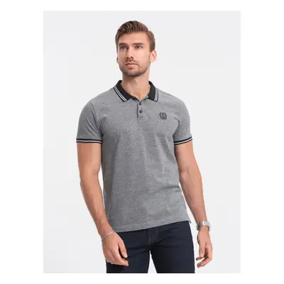 Ombre Men's melange polo shirt with striped collar - black melange