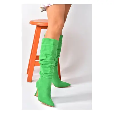 Fox Shoes Green Suede Heeled Smocking Women's Shoes