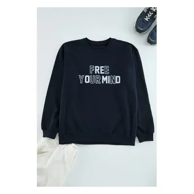 Trendyol Navy Blue Oversize/Wide Cut Crew Neck Puffy Text Printed Sweatshirt