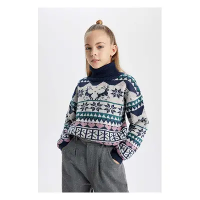 DEFACTO Girls Christmas Themed Turtleneck Sweater