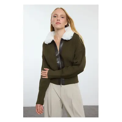 Trendyol Khaki Fur Leather Detailed Zippered Coat Knitwear Cardigan