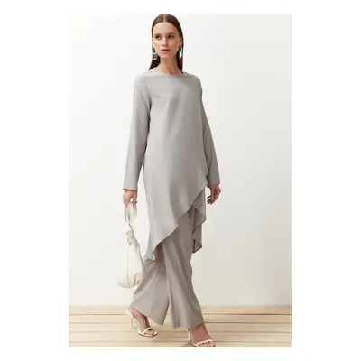 Trendyol Gray Asymmetrical Woven Tunic Trousers Bottom-Top Set