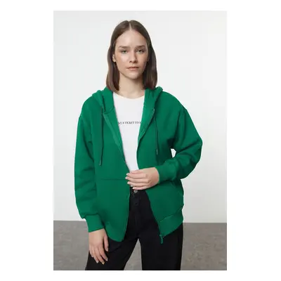 Trendyol Emerald Green Hooded Oversize/Wide Fit Zippered Inside Fleece Knitted Sweatshirt