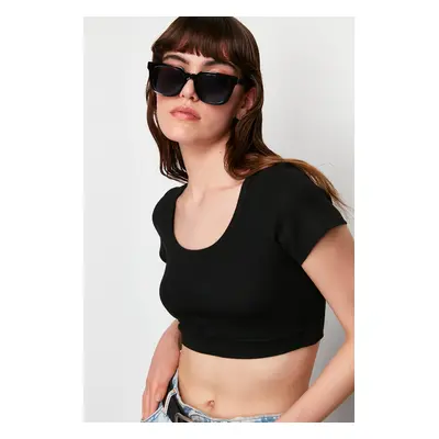 Trendyol Black Pool Neck Short Sleeve Ribbed Stretchy Knitted Blouse