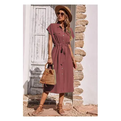 Madmext Burgundy Shirt Collar Long Dress