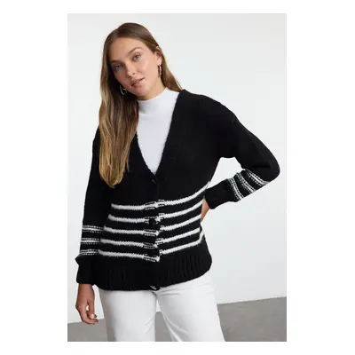 Trendyol Black Soft Texture Striped Knitwear Cardigan