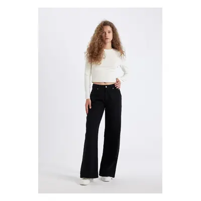 DEFACTO Wide Leg Wide Leg Regular Waist Plain Basic Gabardine Black Trousers