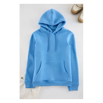 Trendyol Blue Basic Regular Cut Hooded Sweatshirt with Fleece Inside Kangaroo Pocket