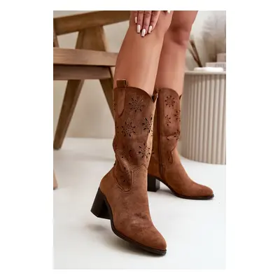 Women's mid-calf openwork boots made of eco suede brown Nevilos