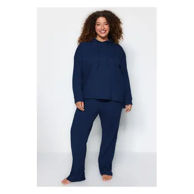 Trendyol Curve Navy Blue Hooded Relaxed Camisole Plus Size Bottom-Top Set