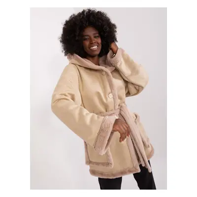 Beige short winter coat with a hood