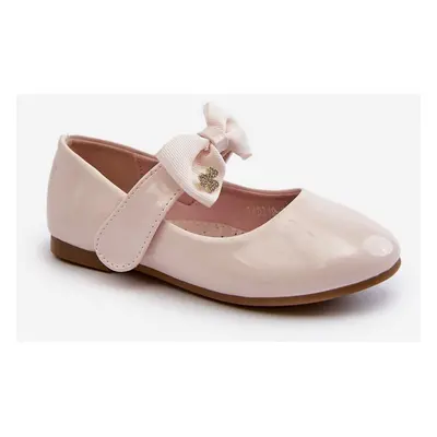 Children's patent leather ballerinas with velcro bow, pink, cat-eye