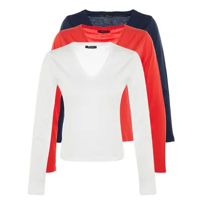 Trendyol Navy Blue-White-Red 100% Cotton 3-Pack Basic V-Neck Knitted T-Shirt