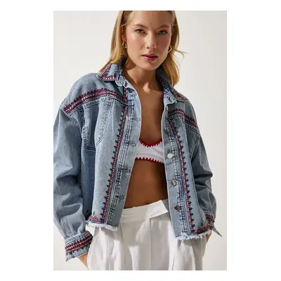 Happiness İstanbul Women's Light Blue Embroidered Denim Jacket