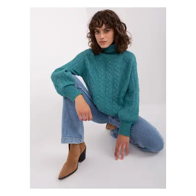 Turquoise cable knit turtleneck sweater