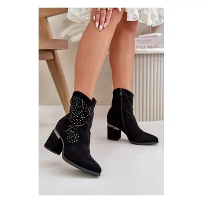 Embellished openwork ankle boots women's heeled made of eco suede black S.Barski