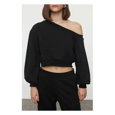 Trendyol Black Regular Fit Thick Inside Fleece Crop Asymmetrical Collar Knitted Sweatshirt