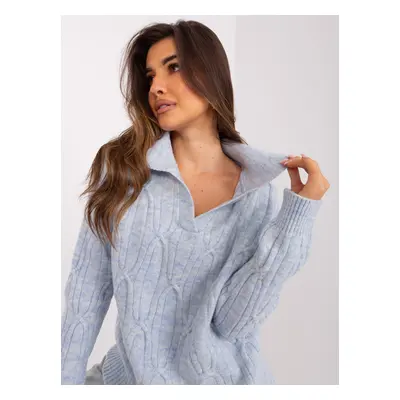 Light blue melange women's sweater with cables