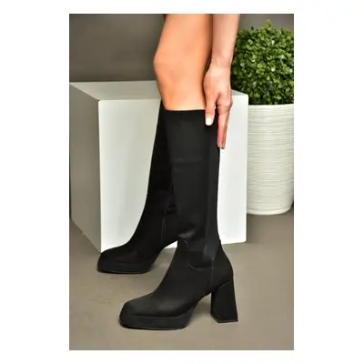 Fox Shoes R282230302 Black Suede Platform Chunky Heel Women's Elastic Back Boots