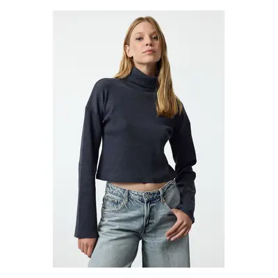 Trendyol Indigo Fitted High Collar Crop Stretchy Knitted Blouse