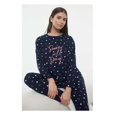 Trendyol Navy Blue 100% Cotton Polka Dot Christmas Themed Knitted Pajama Set