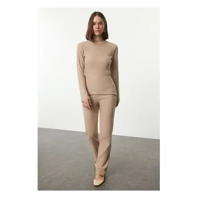 Trendyol Camel Side Slits Regular/Normal Cut Crew Neck Knitted Bottom-Top Set