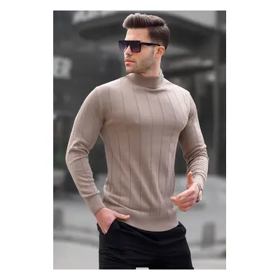 Madmext Mink Slim Fit Half Turtleneck Striped Anti-Pilling Men's Knitwear Sweater