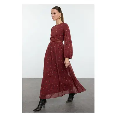 Trendyol Burgundy Chiffon Stripe Detailed Patterned Woven Dress