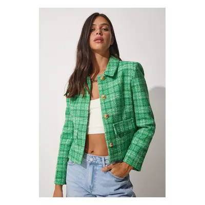 Happiness İstanbul Women's Green Gold Buttoned Tweed Woven Jacket