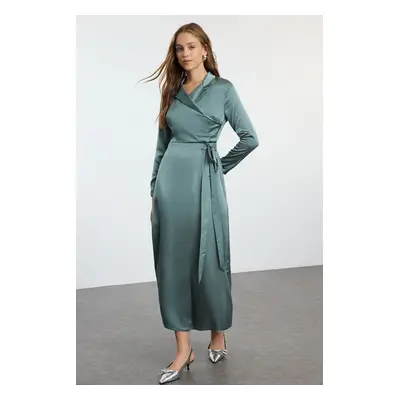 Trendyol Mint Double Breasted Sash Detailed Satin Woven Evening Dress