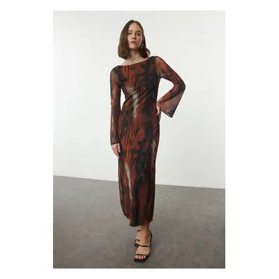 Trendyol Cinnamon Abstract Backless Tulle Boat Neck Flexible Maxi Knit Dress