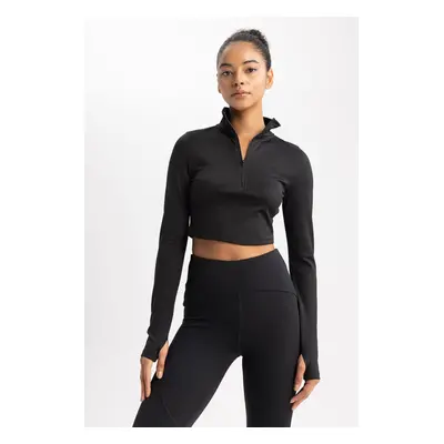 DEFACTO Fit Crop Zippered High Collar Long Sleeve T-Shirt