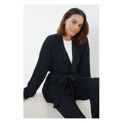 Trendyol Navy Blue Belted Waffle Fabric Knitted Pajama Set