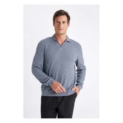 DEFACTO Men's Blue Regular Fit Polo Neck Jacquard Knitwear Sweatshirt