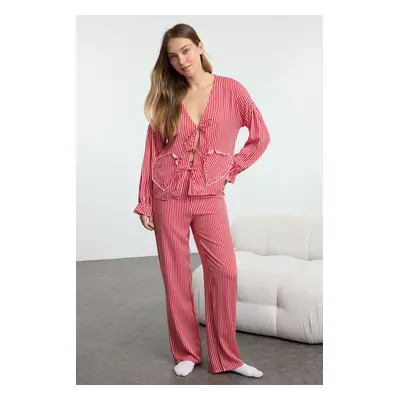 Trendyol Red Tie Detailed Striped Viscose Woven Pajama Set