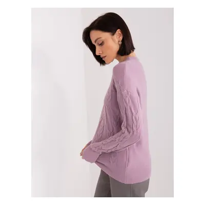 Purple women's sweater with cables and long sleeves