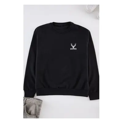 Trendyol Anthracite Melange Oversize/Wide Cut Long Sleeve Animal Embroidered Sweatshirt