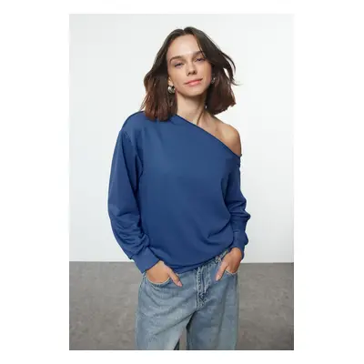 Trendyol Indigo Oversize/Wide Fit asymmetrical Collar Thick Knitted Sweatshirt