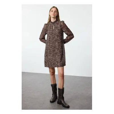 Trendyol Brown Animal Patterned Straight Cut Mini Lined Woven Winter Dress