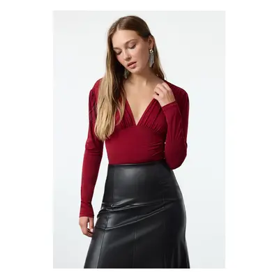 Trendyol Claret Red Deep V Neck Knitted Blouse