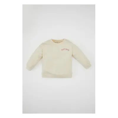 DEFACTO Baby Girl Beige Crew Neck Text Printed Sweatshirt