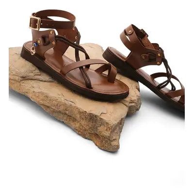 Marjin Women's Genuine Leather Accessoried Eva Sole With Crossed Threads Detail Daily Sandals Ri