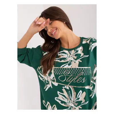 Dark green women's blouse with rhinestone appliqué