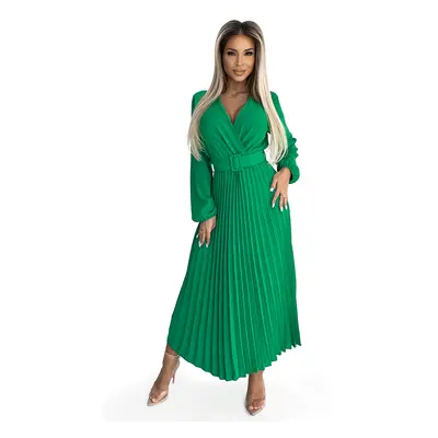 Pleated midi dress with a neckline, long sleeves and a wide Numoco belt