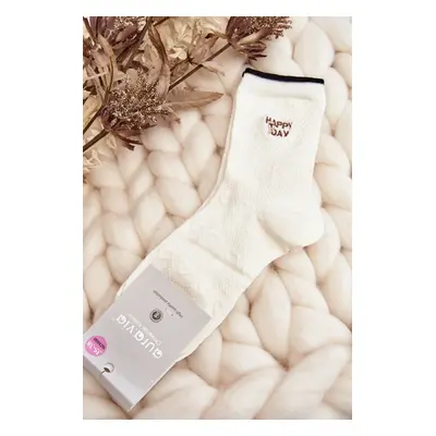 White women's patterned socks with an inscription and a teddy bear