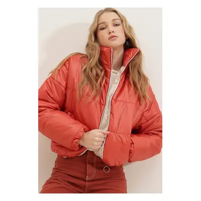 Trend Alaçatı Stili Women's Tile Stand Collar Double Pocketed Inflatable Coat with Elastic Waist