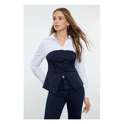 Trendyol Navy Blue Striped Strapless Vest Detailed Woven Shirt