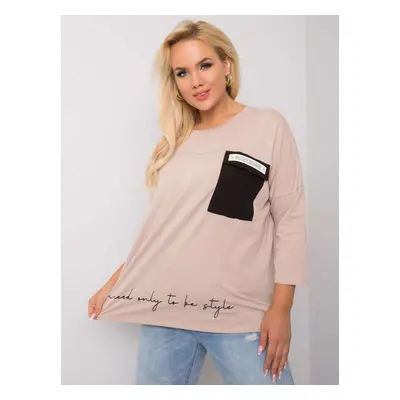 Beige oversize blouse with a slogan and pocket