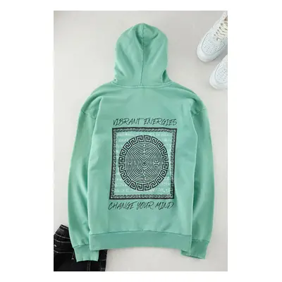 Trendyol Mint Oversize/Wide Fit Text Back Printed Hooded Vintage/Faded Effect Sweatshirt