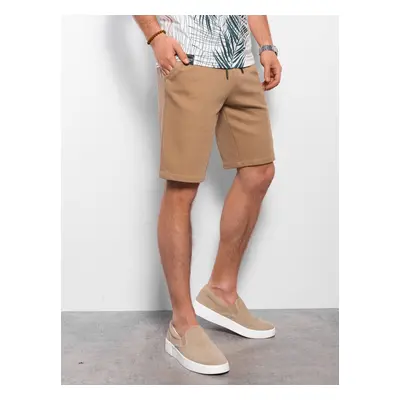 Ombre Men's knitted shorts with decorative elastic waistband - light brown